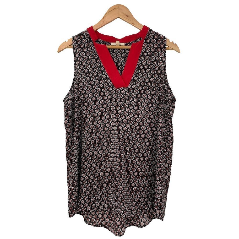 Pleione V-Neck Contrast Trim High Low Blouse Small